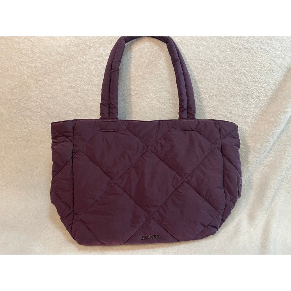 Athleta Quilted Puffer Tote Bag Purple Diamond Quilt Zip Top Gym Travel Carryall